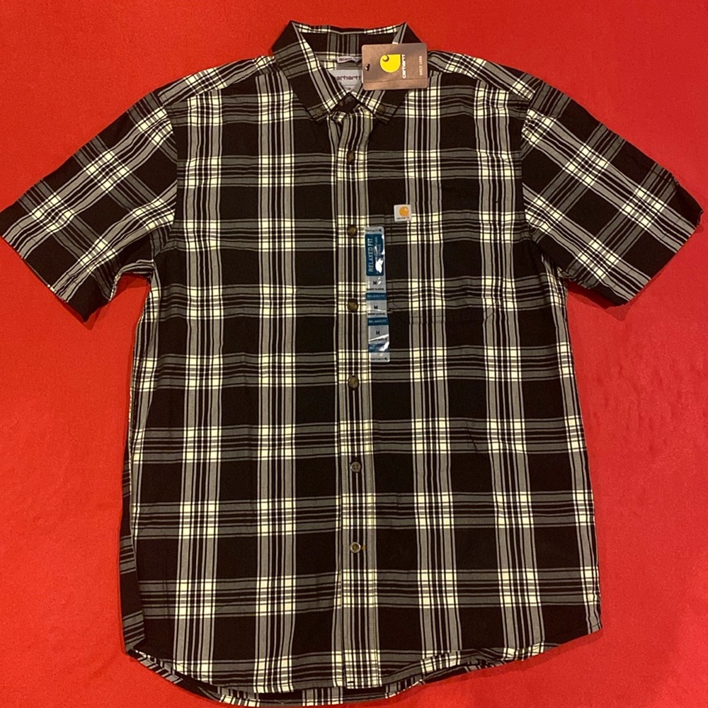 NEW Carhartt Short Sleeve Button Down Shirt Black White Plaid Men’s Medium